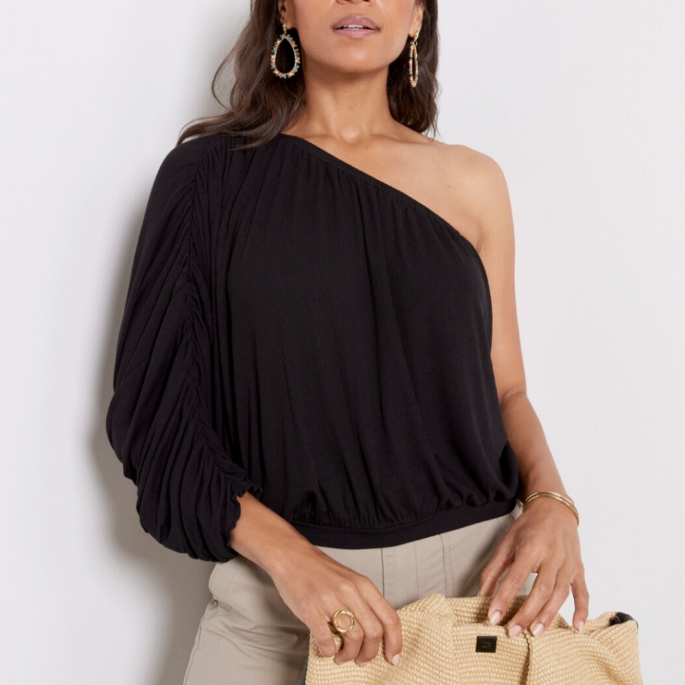 LNA Black One-Shoulder Blouse
